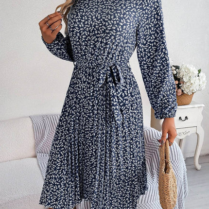 Ditsy Floral Tie Waist Pleated Dress - MimiStylez