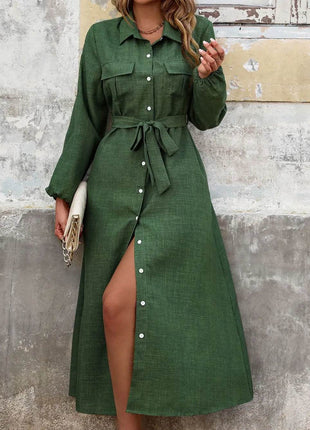 Perfee Collared Neck Long Sleeve Midi Shirt Dress - MimiStylez