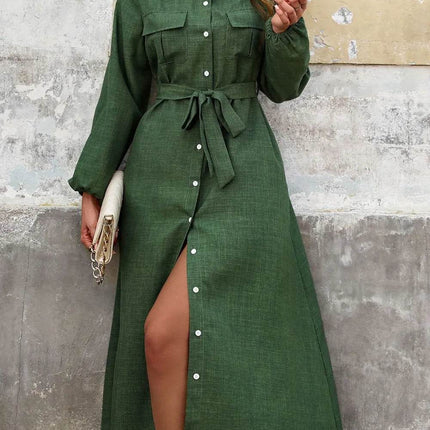 Perfee Collared Neck Long Sleeve Midi Shirt Dress - MimiStylez