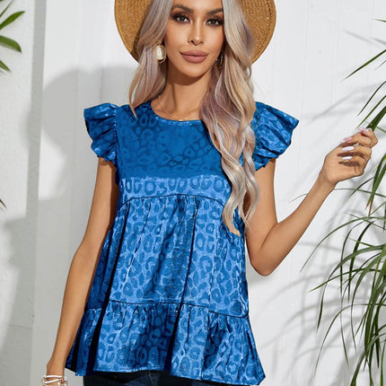 Full Size Ruffled Leopard Cap Sleeve Top - MimiStylez