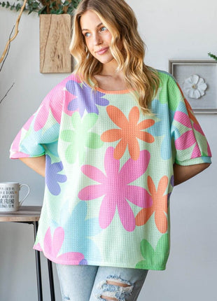 HOPELY Floral Round Neck Waffle T-Shirt - MimiStylez