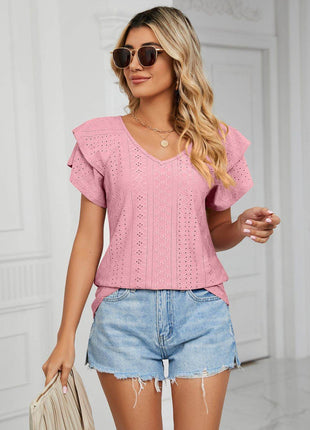 Eyelet Layered Flutter Sleeve V-Neck Knit Top - MimiStylez