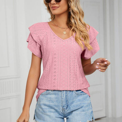 Eyelet Layered Flutter Sleeve V-Neck Knit Top - MimiStylez