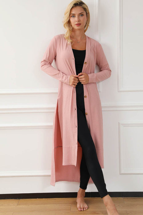 Button Up High-Low Long Sleeve Slit Cardigan - MimiStylez
