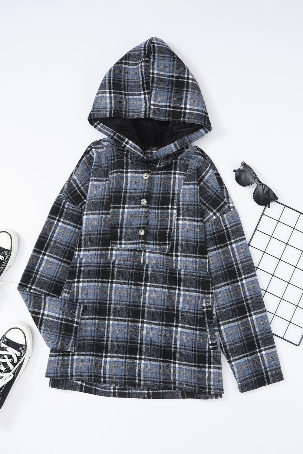 Plaid Long Sleeve Buttoned Hoodie