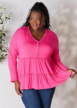 Double Take Half Button Long Sleeve Ruffle Hem Blouse - MimiStylez