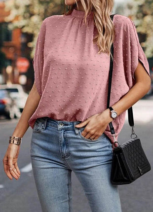 Swiss Dot Mock Neck Half Sleeve Blouse - MimiStylez