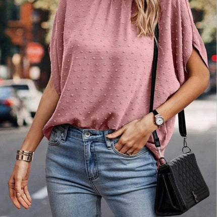 Swiss Dot Mock Neck Half Sleeve Blouse - MimiStylez