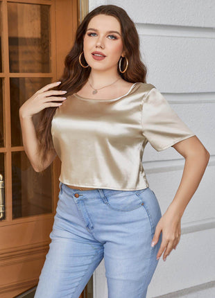 Plus Size Short Sleeve Tie Back Blouse - MimiStylez
