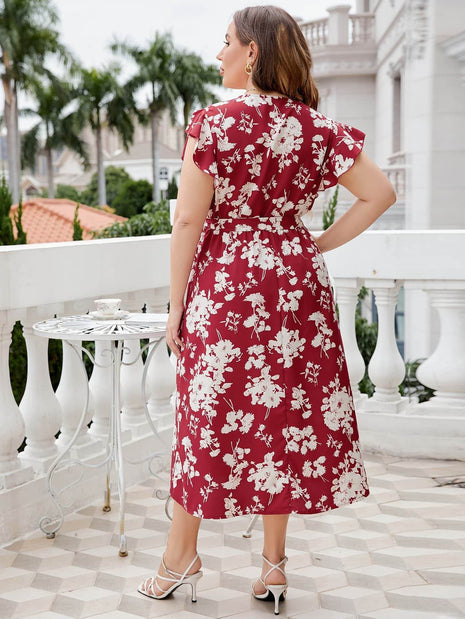 Plus Size Floral Tie Waist Surplice Neck Midi Dress - MimiStylez