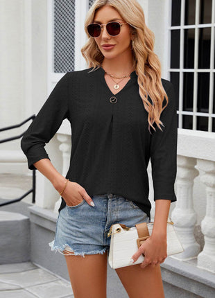 Eyelet Notched Knit Jacquard Top - MimiStylez