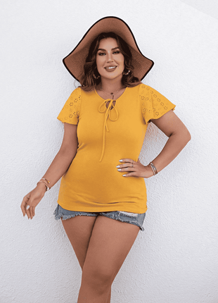 Plus Size Round Neck Blouse with Tie - MimiStylez
