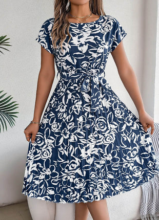 Tied Pleated Printed Short Sleeve Dress - MimiStylez