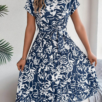 Tied Pleated Printed Short Sleeve Dress - MimiStylez