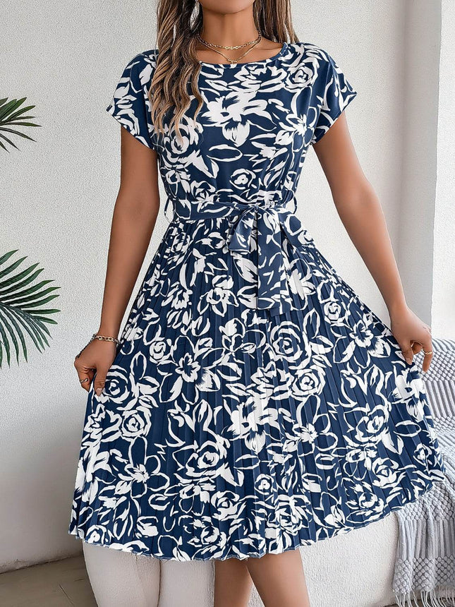 Tied Pleated Printed Short Sleeve Dress - MimiStylez