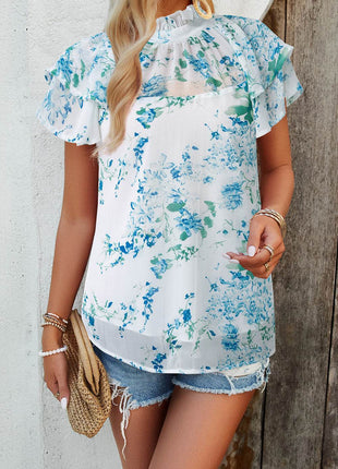 Printed Ruffled Mock Neck Blouse - MimiStylez