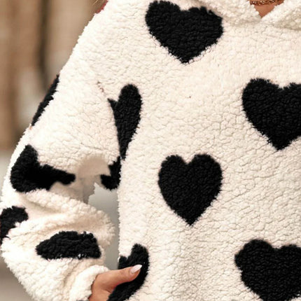 Fuzzy Heart Pocketed Dropped Shoulder Hoodie - MimiStylez