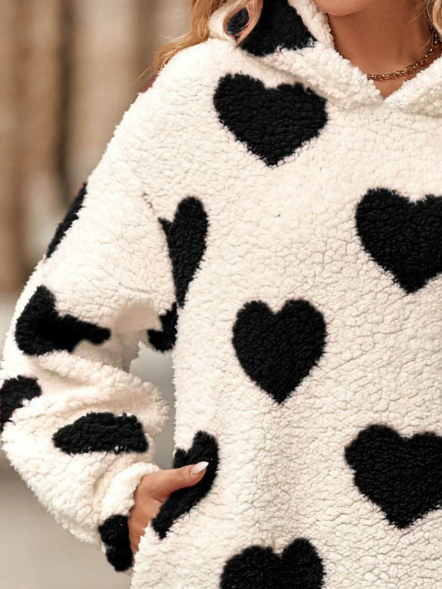 Fuzzy Heart Pocketed Dropped Shoulder Hoodie - MimiStylez