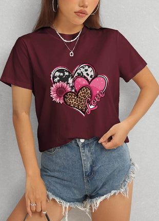 Heart Round Neck Short Sleeve T-Shirt - MimiStylez