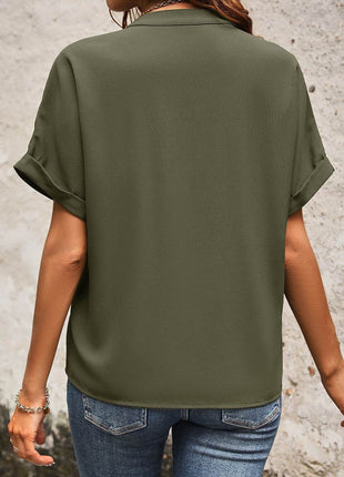 Pocketed Notched Short Sleeve Blouse - MimiStylez