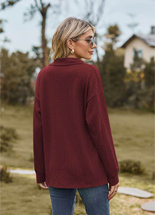Collared Neck Cable-Knit Long Sleeve Blouse - MimiStylez