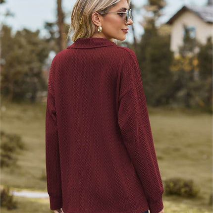 Collared Neck Cable-Knit Long Sleeve Blouse - MimiStylez