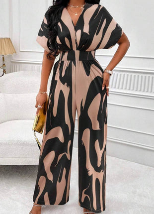 Printed V-Neck Short Sleeve Wide Leg Jumpsuit - MimiStylez