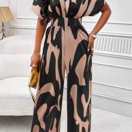 Printed V-Neck Short Sleeve Wide Leg Jumpsuit - MimiStylez