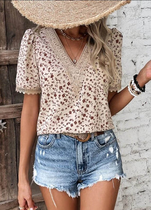 Full Size Printed V-Neck Short Sleeve Blouse - MimiStylez