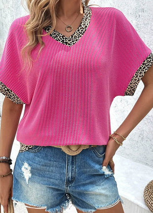 V-Neck Leopard Trim Ribbed Blouse - MimiStylez