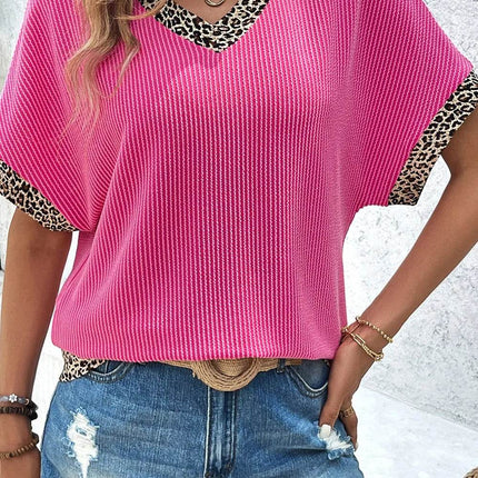 V-Neck Leopard Trim Ribbed Blouse - MimiStylez