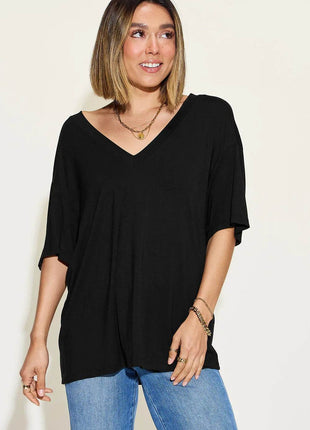 Basic Bae Full Size Bamboo V-Neck Drop Shoulder T-Shirt - MimiStylez