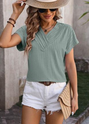 Textured Surplice Short Sleeve Blouse - MimiStylez