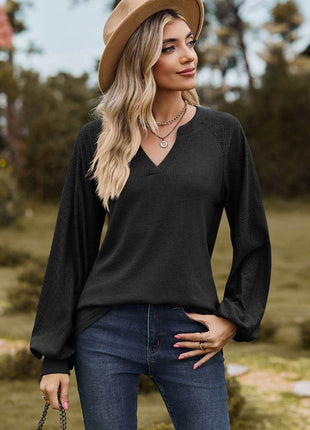 Notched Neck Raglan Sleeve Blouse - MimiStylez