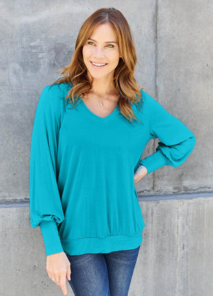 Basic Bae Full Size V-Neck Lantern Sleeve Blouse - MimiStylez
