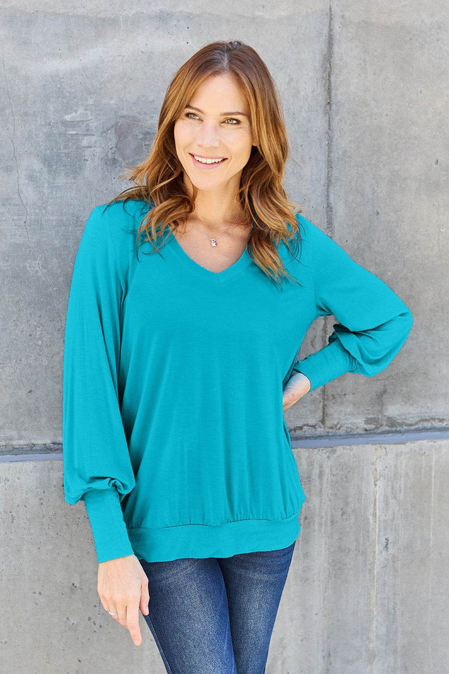 Basic Bae Full Size V-Neck Lantern Sleeve Blouse - MimiStylez