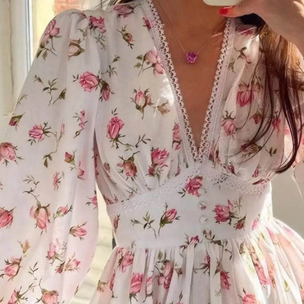 Full Size Floral Print Lace Detail V-Neck Mini Dress Plus SIze - MimiStylez