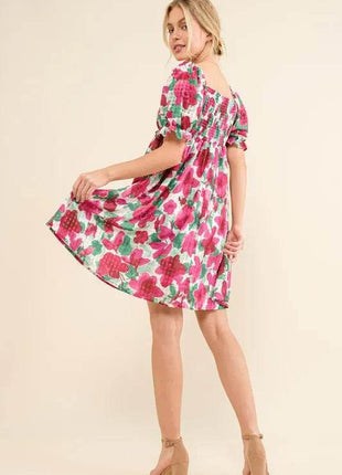 And The Why Smocked Floral Ruffle Short Sleeve Mini Dress - MimiStylez