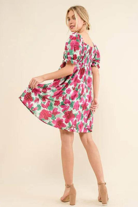 And The Why Smocked Floral Ruffle Short Sleeve Mini Dress - MimiStylez