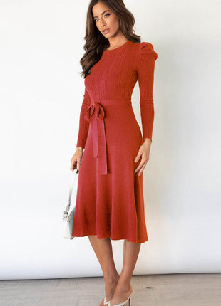 Round Neck Long Sleeve Tie Waist Sweater Dress - MimiStylez
