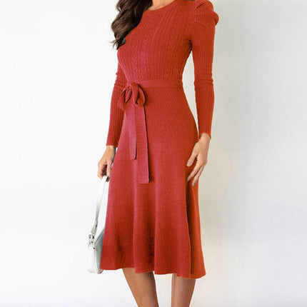 Round Neck Long Sleeve Tie Waist Sweater Dress - MimiStylez