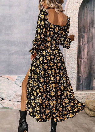 Square Neck Printed Slit Dress - MimiStylez