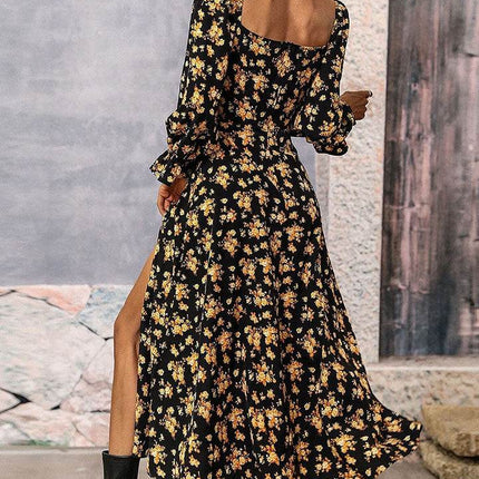 Square Neck Printed Slit Dress - MimiStylez