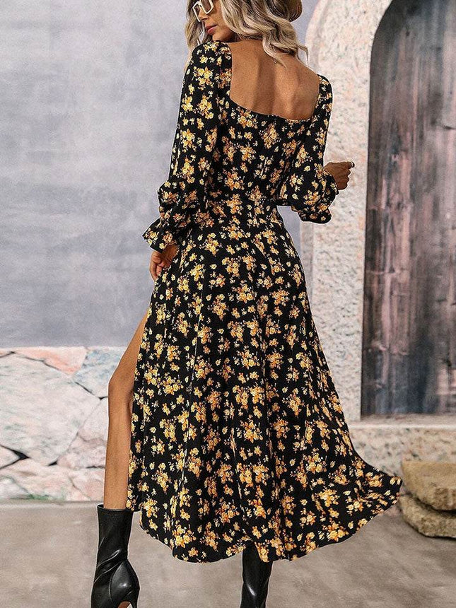 Square Neck Printed Slit Dress - MimiStylez