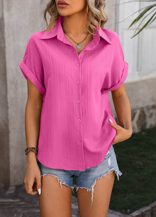 Textured Button Up Cap Sleeve Shirt - MimiStylez