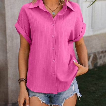 Textured Button Up Cap Sleeve Shirt - MimiStylez