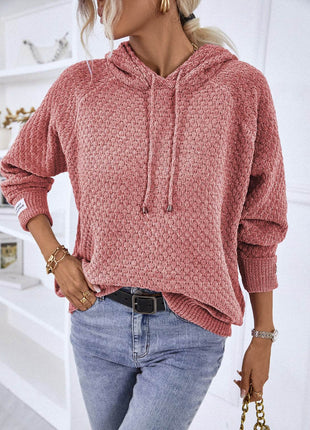 Texture Drawstring Long Sleeve Hooded Sweater - MimiStylez