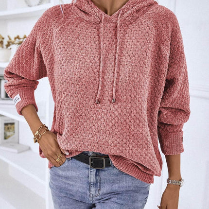 Texture Drawstring Long Sleeve Hooded Sweater - MimiStylez