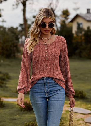 Round Neck Button-Down Long Sleeve Tee - MimiStylez