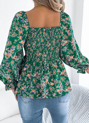 Floral Square Neck Flounce Sleeve Blouse - MimiStylez